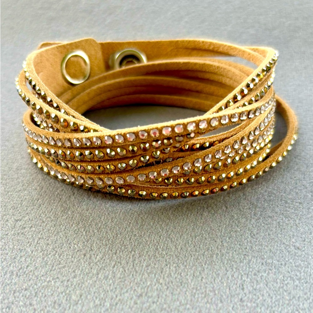 Swarovski Slake Wrap Bracelet with Clear Crystals on Tan Suede. EUC